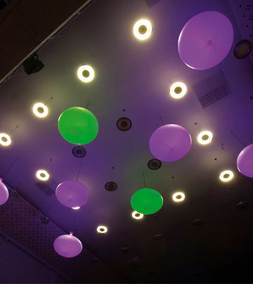 Color-changing Philips LED modules were installed in these "No Fruits" light fixtures at Regardz Meeting Center
