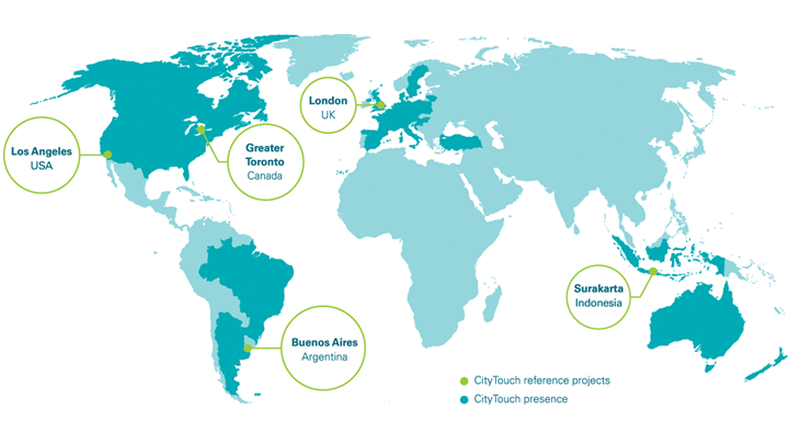 Map that shows in which countries CityTouch is in use