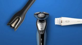 "Thiết bị chăm sóc cá nhân của Philips trên nền xanh: máy cạo râu điện, tông đơ cắt râu và máy rửa mặt dành cho nam giới."